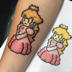 a person with a pixel art tattoo on their arm, next to an image of mario and princess peach