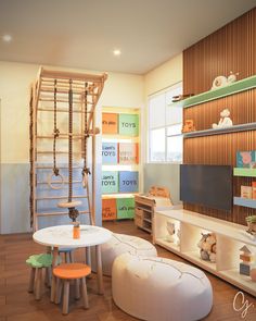 a child's playroom with toys, bookshelves and ladder in the corner