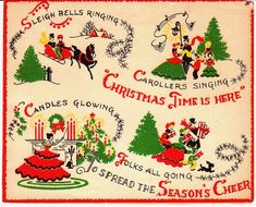 an old fashioned christmas card with santa and other holiday related items in red, green, yellow and white