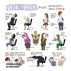 a poster with some people doing yoga and other things to do in the office on their desk