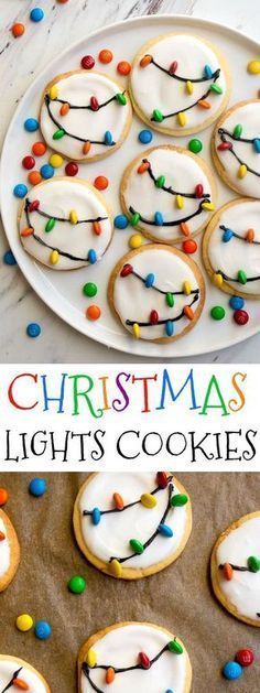 christmas light's cookies on a plate with the title in the middle and an image of