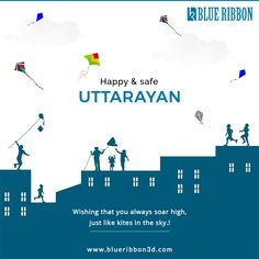 blue ribbon kites are flying in the sky with people on top of a building