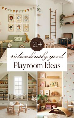 four different rooms with playrooms and toys in them