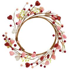 a wreath made out of branches with hearts and berries on it's sides, in the shape of a circle