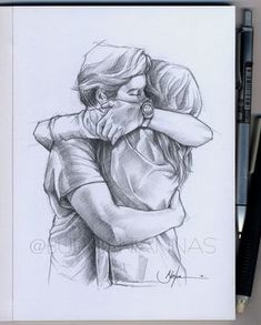 a drawing of two people hugging each other