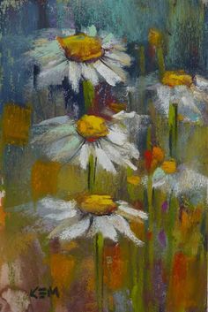 an abstract painting of white daisies with yellow centers