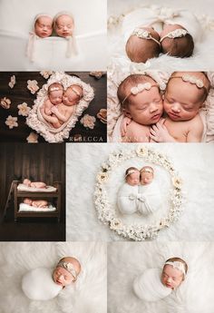 three newborn babies are sleeping in their cribs and surrounded by white flower petals