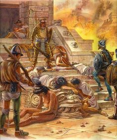 an image of people in ancient clothing and armor on the steps with fire coming from behind them