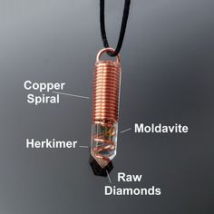 the components of a copper pendant on a black cord are labeled in red, white and blue