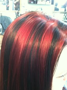 ❤ Red Hair With Black Stripes, Red Chunky Highlights, Skunk Highlights, Hair Stripes, Red Hair Looks