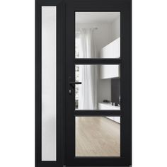 an open black door with glass panels