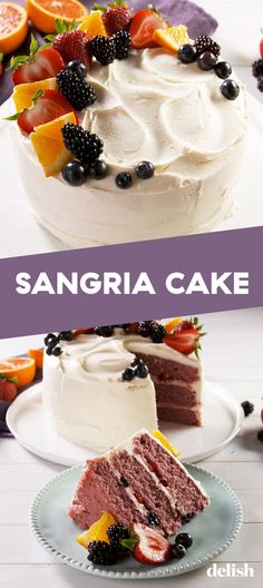 there is a cake with white frosting and fruit on top that says sangeria cake