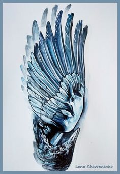 a drawing of a blue bird with its wings spread out and it's head turned to the side