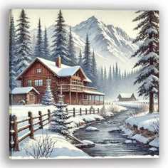 a painting of a cabin in the mountains with snow on the ground and trees around it