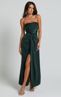 Hathaway Maxi Dress - Strapless Straight Neck Twist Front Split in Emerald Strapless Emerald Green Dress, Spring Events, Emerald Green Dress, Winter Wedding Guest Dress, Winter Wedding Guests, Emerald Green Dresses, Spring Event, Strapless Neckline, Tent Wedding