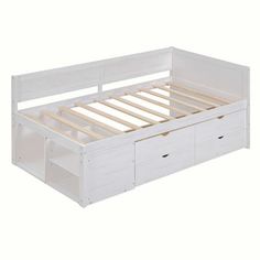 a white bed with drawers underneath it and no headboard or foot board on the bottom