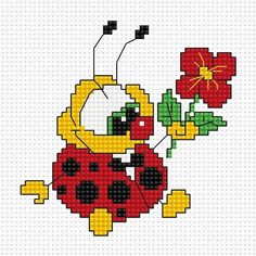 a cross stitch pattern with a ladybug holding a flower