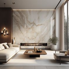 an elegant living room with marble walls and flooring is shown in this modern style