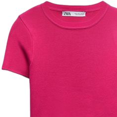 Pink Fitted Fine Knit Top, Pink Knit Short Sleeve Tops, Pink Short Sleeve Knit Tops, Pink Knit Tops With Short Sleeves, Pink Knit Top With Short Sleeves, Fitted Pink Tops With Ribbed Neckline, Pink Fine Knit Tops For Spring, Pink Fine Knit Top, Zara Fine Knit Crew Neck Top