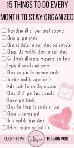 Lists To Stay Organized, Once A Month Self Care, Self Organization Ideas, How To Organize Your Life Planners, How To Organize Yourself, Sort My Life Out, How To Be Organised, Things To Do Once A Month, Monthly Planning Routine