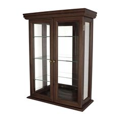 a wooden display case with glass doors on the top and bottom shelves in dark wood