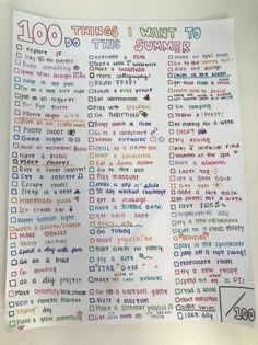 a paper with words written on it and the words 100 things i want to do this summer