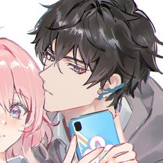 two anime characters are looking at their cell phones while they're holding each other