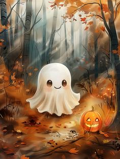 there is a ghost in the woods with two pumpkins