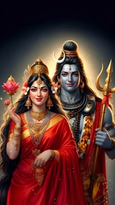 the hindu god and goddess are standing next to each other with their arms crossed in front of them