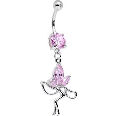 14 Gauge (1.6mm), 7/16" (11mm), Cubic Zirconia, 316L Surgical Grade Stainless Steel Curved Barbell, 5mm Ball Sparkling and lovely, this meadow fairy dangle belly button ring will give your look a touch of magic. Pink cubic zirconia accents glimmer on the fairy dangle charm below the stainless steel curved barbell. Belly Piercing Jewelry, Navel Jewelry, Dangle Belly Rings, Belly Piercing, Belly Button Ring, Belly Button Piercing, Navel Rings, Button Ring, Belly Chain