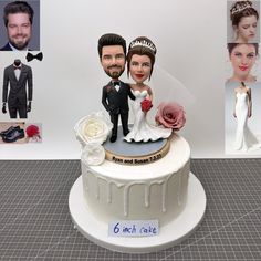 a wedding cake topper with two bride and groom figurines