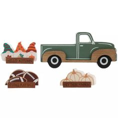 an image of a green truck with thanksgiving decorations