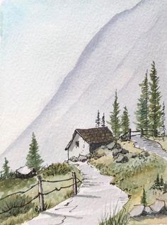 a watercolor painting of a path leading to a house in the mountains with trees on either side