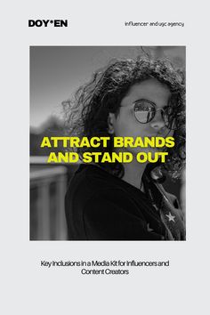 a woman with curly hair and glasses in front of the words attract brands and stand out