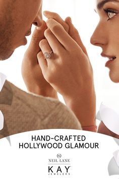 a man and woman holding hands with the words hand - crafted hollywood glamour written below