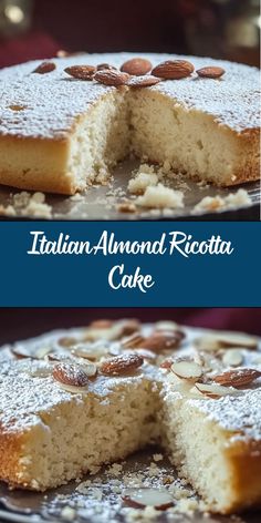 a close up of a cake on a plate with the words italian almond ricotta cake