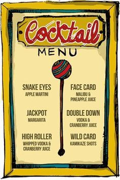 a drawing of a menu for cocktails with an image of a lollipop