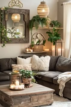 a living room filled with lots of furniture and plants on top of a coffee table