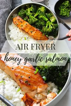 two plates with salmon, broccoli and rice on them next to the words air fryer honey garlic salmon