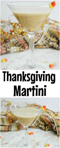 thanksgiving martini in a coupe glass with the words thanksgiving martini written on top and below it