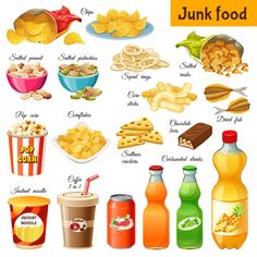 an image of junk food that includes drinks and snacks