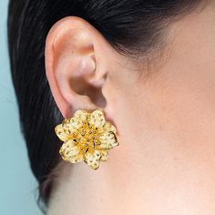 Satin Gold Dogwood Flower Clip Earrings – KennethJayLane.com Gold Plated Flower Charm Earrings, Gold Plated Flower Earrings For Anniversary, Gold Clip-on Flower Shaped Jewelry, Gold Flower Earrings With 3d Flowers, Gold-plated Flower Earrings, Gold Elegant Flower Earrings With 3d Flowers, Elegant Gold Flower Earrings With 3d Details, Gold Plated Flower Charm Earrings For Wedding, Elegant Gold Jewelry With 3d Flowers