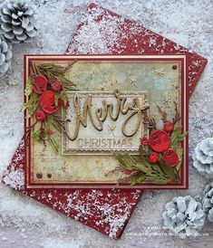 a christmas card with snow on it and pine cones around the edges that spell merry