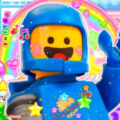 an image of a lego character in front of a colorful background with stars and rainbows