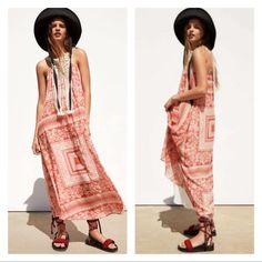 This Lovely Bohemian Chic Maxi Dress Will Be An Amazing Asset To Your Summer Dress Collection. Features: Sleeveless, Crochet Fringe Details, Lined, Flowy Style And Lovely Floral Tribal Print. Zara Nwt M/L Red/Off-White Polyester Approx Measurements Bust: 17” Length: 52” Coachella, Feminine, Vacation, Resorts, Girly, Festivals, Parties, Zara, Revolve, Summer, Beaches Open To Offersbundle To Save More Casual Spring Festival Maxi Dress, Casual Maxi Dress For Spring Festival, Bohemian Halter Neck Sleeveless Dress For Day Out, Boho Print Sleeveless Sundress For Spring, Zara Summer Sleeveless Dress For Beach, Breezy Sleeveless Sundress For Casual Wear, Casual Boho Print Halter Neck Maxi Dress, Breezy Sleeveless Sundress For Dress Down Days, Breezy Sleeveless Sundress For Dress Down Occasions