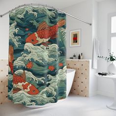 a shower curtain with two gold fish in the water