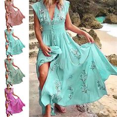 New Women Summer Boho Long Maxi Beach Dress Ladies Evening Party Floral Sundress | eBay French Beach, Printed Beach Dresses, Boho Chique, Maxi Robes, Vestidos Vintage, Dresses Elegant, Linnet, Beach Summer, Printed Maxi