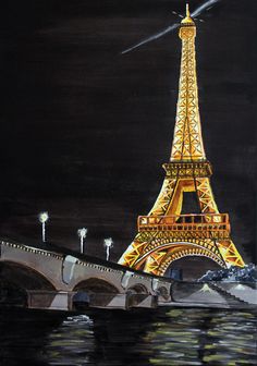 a painting of the eiffel tower lit up at night