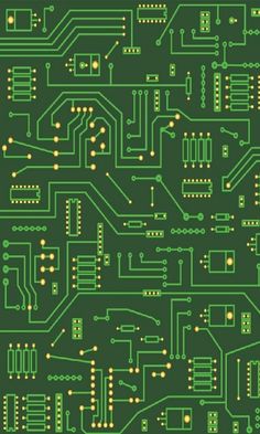 an electronic circuit board with many yellow dots on the green and white lines, as well as