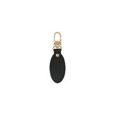 a black leather keychain with a gold metal hook on the front and bottom